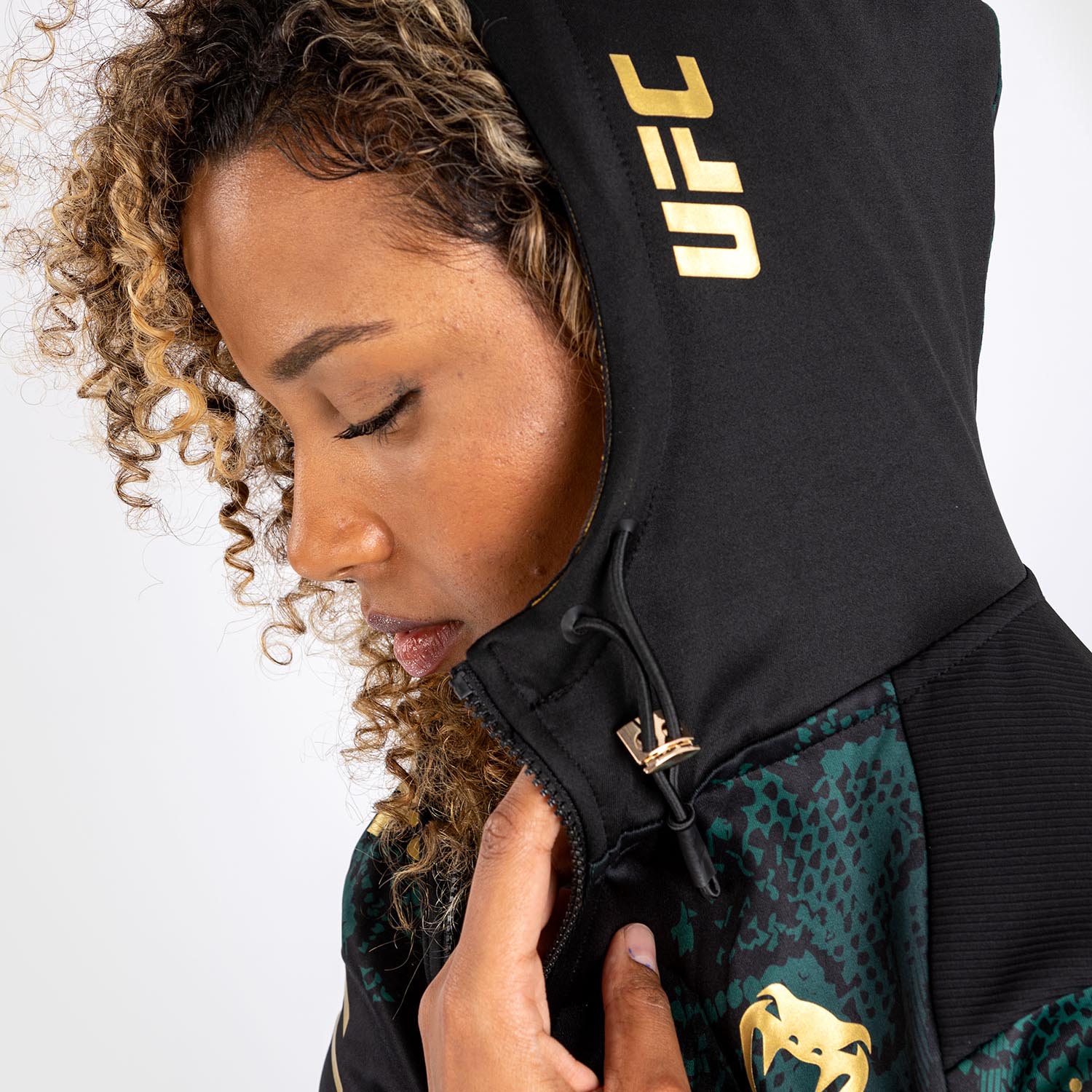 UFC Adrenaline by Venum Authentic Fight Night Women’s Walkout Hoodie - Emerald Edition - Green/Black/Gold - Image 5