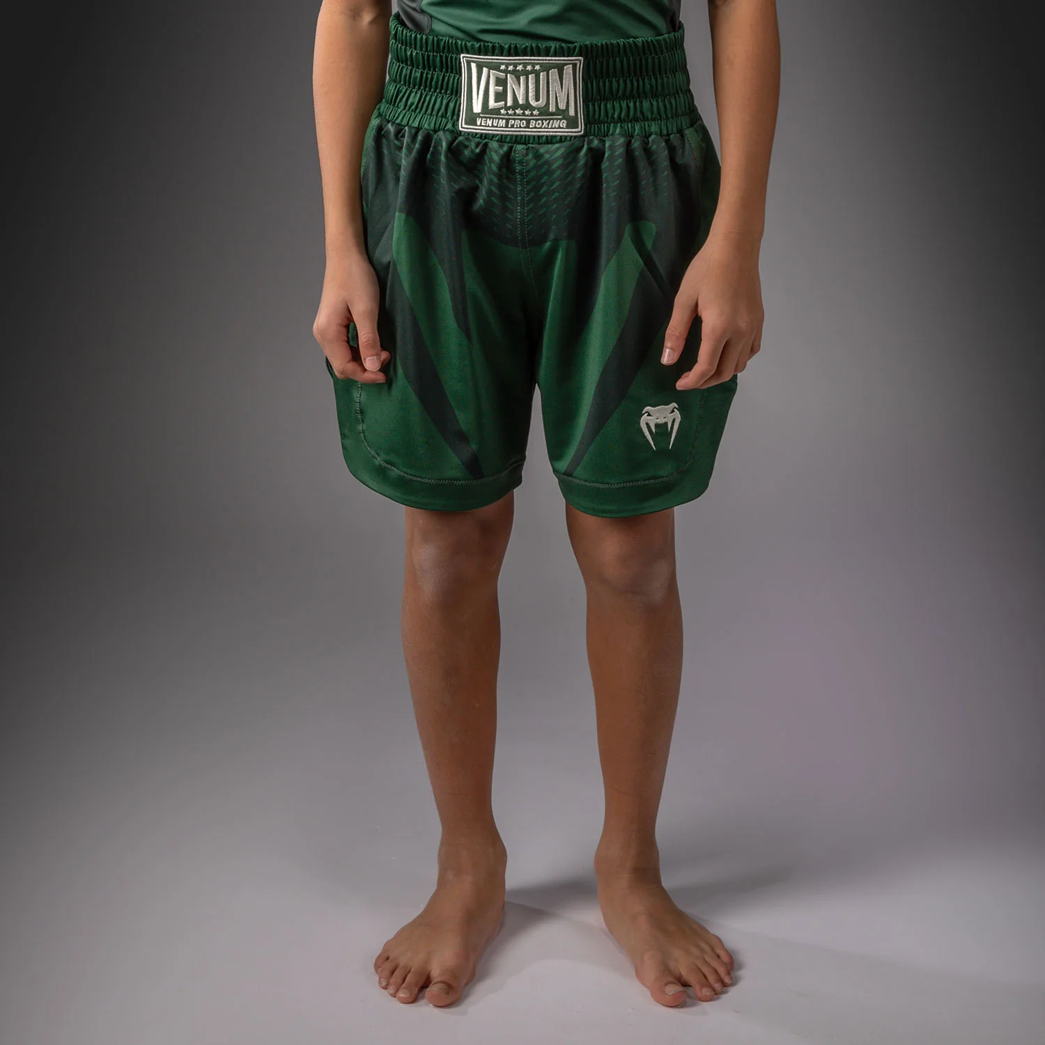 Venum Attack Kids Boxing Shorts - Forest Green/ Off White