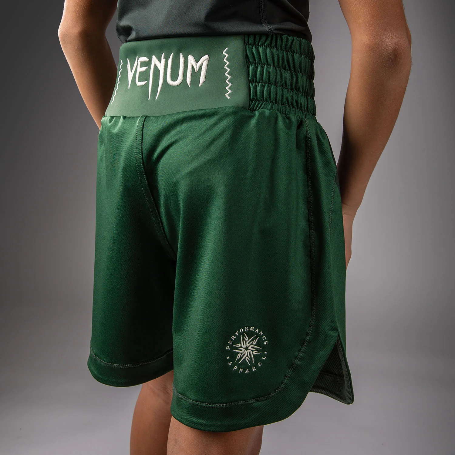 Venum Attack Kids Boxing Shorts - Forest Green/ Off White - Image 6
