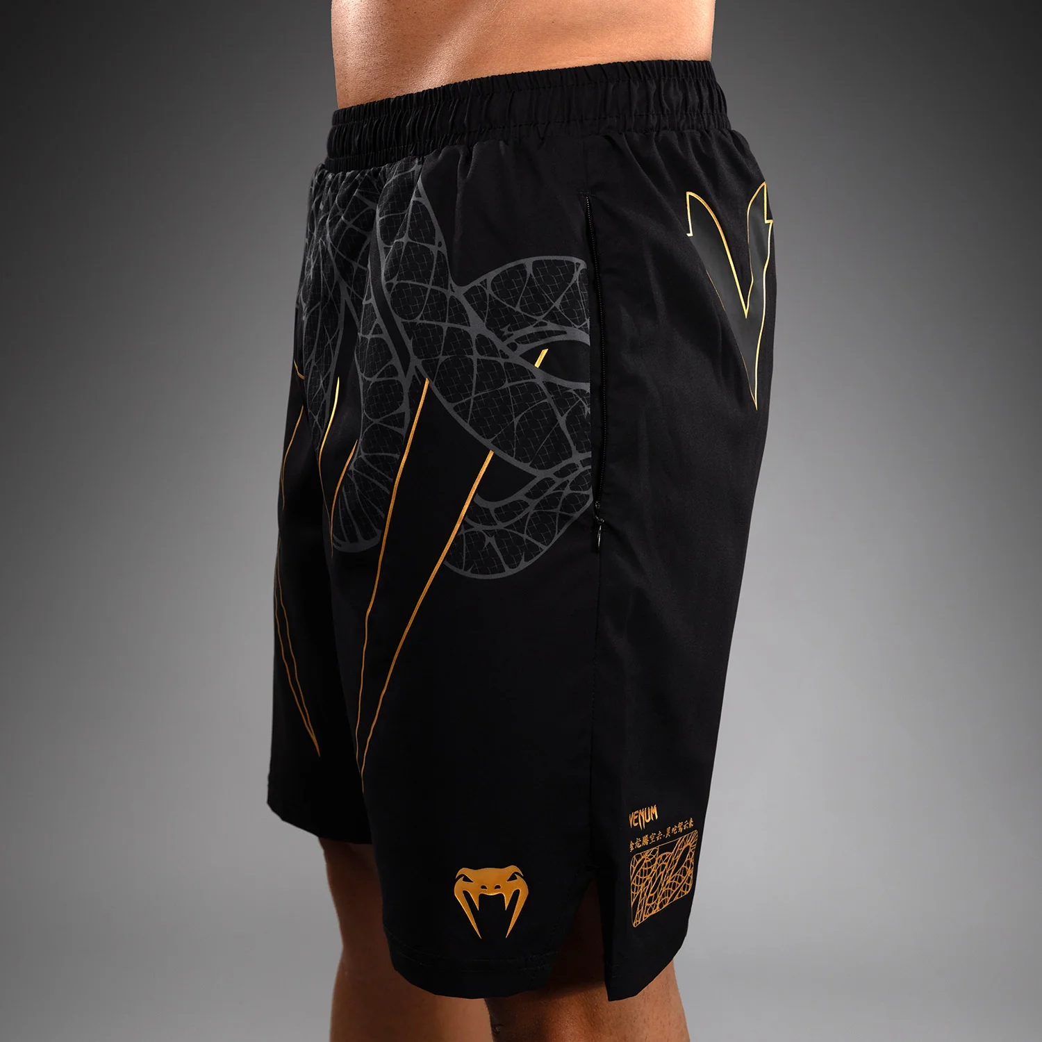 Venum Serpenti Training Shorts - Black/Silver/Gold - Image 6